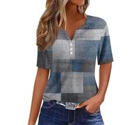 Cadeaux pour Femmes,Vêtements pour Femme Chemisiers Et Blouses T-Shirts à Manches Courtes Imprimé Bouton Col en V Haut Régulier Tenue De Sport Femme Blouse Femme Chic Et Élégant(Royal Blue,XL)