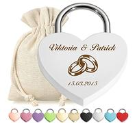 Cadenas d'amour en forme de cœur blanc avec gravure personnalisée et clé - Motif anneaux entrelacés - Cadenas - Avec pochette cadeau en tissu - Anniversaire, Saint Valentin - Cadeau - Couple