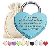 Cadenas d'amour en forme de cœur - Bleu - Gravure avec clé - Texte au choix - Métal anodisé - Sac cadeau - Cadeau d'amour - Cadeau de Saint-Valentin - Couple marié