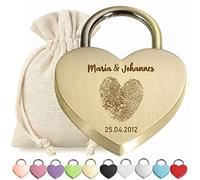 Cadenas d'amour en forme de cœur - En bronze - Avec gravure - Motif cœur et empreintes digitales - Personnalisé - Anodisé - Sac cadeau en tissu - Pour la Saint-Valentin, un anniversaire de mariage -