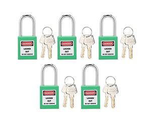 Cadenas de consignation 38mm en nylon renforcé - Lot de 5 avec 10 clés et étiquettes réinscriptibles - Sécurité industrielle fiable pour énergies, chimie et maintenance (Verte)