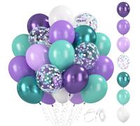 Cadimus 60 Pièces Ballons Violet Bleu, 12 Pouces Latex Ballon Violets Turquoise, Ballons Metalliques, Ballon Confettis, pour Sirène Anniversaire Mariage Décoration de Fête