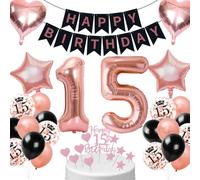 Cadimus Décoration Anniversaire 15 ans Fille,Or Rose Noir Ballons 15 ans,HAPPY BIRTHDAY Bannière,Décoration de Ballons pour 15e,Ballon Anniversaire 15 Garçons et Filles