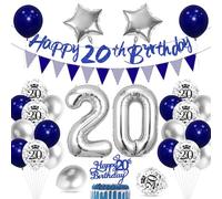 Cadimus Décorations Anniversaire 20 ans Bleu,Ballons 20 ans Anniversaire Homme,Kit de Décoration pour 20e Garçons Filles,Confettis Bleus Argent,Happy Birthday Bannière,Drapeau à Tirer en Triangle