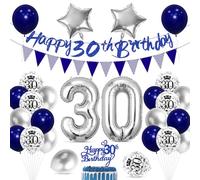 Cadimus Décorations Anniversaire 30 ans Bleu,Ballons 30 ans Anniversaire Homme,Kit de Décoration pour 30e Garçons Filles,Confettis Bleus Argent,Happy Birthday Bannière,Drapeau à Tirer en Triangle