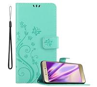 cadorabo Coque Compatible avec Huawei P8 Lite 2017 en Turquoise Floral - Housse Protection en Design de Fleur avec Fermoire Magnétique, Stand Horizontal et 3 Fentes Cartes - Etui Poche Case Cover