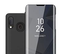 cadorabo Coque Compatible avec Samsung Galaxy A20e en Tourmaline Noir - Miroir Clear View - Pochette de Protection avec Fonction de Support Protection à 360 Degrés Style Livre Ultra Slim Case