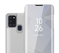 cadorabo Coque Compatible avec Samsung Galaxy A21s en Agate Argent - Miroir Clear View - Pochette de Protection avec Fonction de Support Protection à 360 Degrés Style Livre Ultra Slim Case