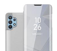 cadorabo Coque Compatible avec Samsung Galaxy A32 5G en Agate Argent - Miroir Clear View - Pochette de Protection avec Fonction de Support Protection à 360 Degrés Style Livre Ultra Slim Case