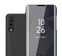 cadorabo Coque Compatible avec Samsung Galaxy A70 / A70s en Tourmaline Noir - Miroir Clear View - Pochette de Protection avec Fonction de Support Protection à 360 Degrés Style Livre Ultra Slim Case
