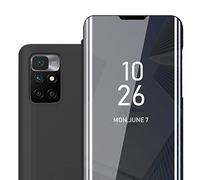 cadorabo Coque Compatible avec Xiaomi RedMi 10 / RedMi Note 11 4G en Tourmaline Noir - Housse Protection Miroir Clear View - Pochette de Protection avec Fonction de Support Protection à 360 Degrés
