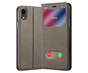 cadorabo Coque pour Apple iPhone XR en Marron Pierre - Housse Protection avec Stand Horizontal et Deux Fenêtres - Portefeuille Etui Poche Folio Case Cover