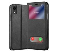 cadorabo Coque pour Apple iPhone XR en Noir COMÈTE - Housse Protection avec Stand Horizontal et Deux Fenêtres - Portefeuille Etui Poche Folio Case Cover