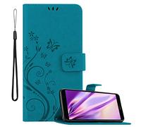 cadorabo Coque pour Huawei Y6 Prime 2018/Honor 7a en Bleu Floral - Housse Protection en Design de Fleur -Magnétique, Stand Horizontal et 3 Fentes Cartes - Portefeuille Etui Poche Folio Case Cover