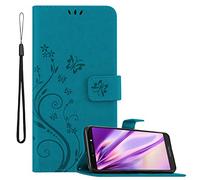 cadorabo Coque pour Motorola Moto E5 Plus en Bleu Floral - Housse Protection en Design de Fleur -Magnétique, Stand Horizontal et 3 Fentes Cartes - Portefeuille Etui Poche Folio Case Cover