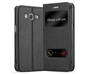 cadorabo Coque pour Samsung Galaxy Grand Prime en Noir COMÈTE - Housse Protection avec Stand Horizontal et Deux Fenêtres - Portefeuille Etui Poche Folio Case Cover