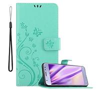 cadorabo Coque pour Samsung Galaxy J3 2017 en Turquoise Floral - Housse Protection en Design de Fleur -Magnétique, Stand Horizontal et 3 Fentes Cartes - Portefeuille Etui Poche Folio Case Cover