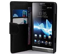 cadorabo Coque pour Sony Xperia S en Noir DE Jais - Housse Protection en Similicuir Lisse avec Stand Horizontal et Fente Carte - Portefeuille Etui Poche Folio Case Cover