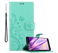 cadorabo Coque pour Sony Xperia XZ2 en Turquoise Floral - Housse Protection en Design de Fleur avec Fermoire Magnétique, Stand Horizontal et 3 Fentes Cartes - Portefeuille Etui Poche Folio Case Cover