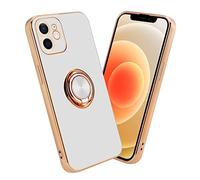 cadorabo Housse Compatible avec Apple iPhone 12 en Glossy Blanc - Or avec Anneau - Étui de Protection en Silicone TPU, avec Protection pour Appareil Photo et Support Voiture magnétique