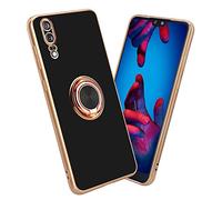 Cadorabo Housse Compatible avec Huawei P20 en Glossy Noir - Or avec Anneau - Étui de Protection en Silicone TPU, avec Protection pour Appareil Photo et Support Voiture magnétique