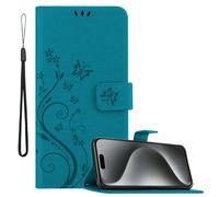 Cadorabo Housse pour Apple iPhone 15 PRO MAX en FLORAL BLEU Housse de protection au design floral avec fermeture magnétique, fonction stand et porte-cartes Flip Case Flower Cover Etui Handy Klapphülle