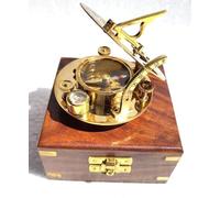 Cadran solaire boussole en laiton avec boîte en bois, instrument de navigation nautique vintage, décor maritime antique