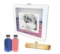 Cadre cérémonie sable en bois laqué avec sable décoratif rose et bleu, pour rituel Arena mariage Kit, avec cadre photo format 10x15, 2 pots de 800g NIRALIS