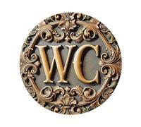 Cadre circulaire orné avec lettres Wc - Plaque en métal vintage - Pour salon, bar, maison, chambre à coucher, décoration murale rétro - 20,3 x 20,3 cm