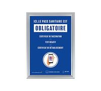 Cadre d'affichage format A3 en aluminium gris avec affiche "PASS SANITAIRE OBLIGATOIRE"