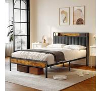 Cadre de lit 140 x 200 cm avec tête de lit capitonnée, tête de lit avec espace de rangement, cadre de lit plateforme en métal, supports métalliques, solide et stable, facile à monter, Idées pour la Sa