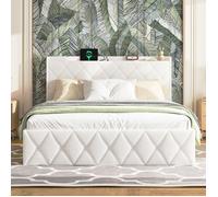 Cadre de lit 140 x 200 cm lit rembourré Tissu de peluche blanc Lit double avec USB-fondation de recharge Blanc
