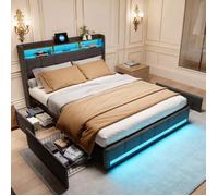 Cadre de Lit 140x190 avec LED et USB, 4 Tiroirs Rangement et Tête de lit rembourrée,Lits Double avec Sommier à Lattes, Lin Gris