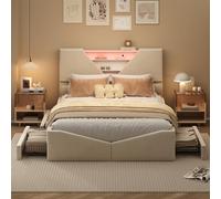 Cadre de Lit 160 X 200 avec Tiroir, Lit Rembourré avec éclairage LED, Lit Double avec 4 Tiroirs Rangement et Sommier, Lit Double Design Moderne, sans Matelas (Beige Tiroir, 160 * 200)
