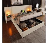 Cadre de Lit 160x200 avec Rangement Hydraulique, Port USB et Lampe de Lecture, Tête de Lit Multifonctionnelle avec Table de Chevet Intégrée, Structure en Bois Massif et Métal, Beige Lin (Matelas Non I