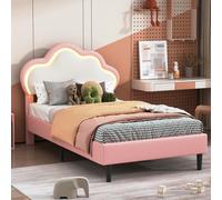 Cadre de lit 90 x 200 cm avec tête de lit en forme de couronne réglable en hauteur et sommier à lattes, lit rembourré, lit simple, cadre de lit avec tête de lit en forme de couronne réglable en hauteu