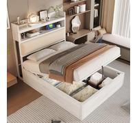 Cadre de Lit 90x200 avec Mécanisme Hydraulique, USB, Tête de Lit Rembourrée, Design Vintage Bois et Métal, Rangement Secret - Mobilier Chambre Moderne, sans Matelas Inclus