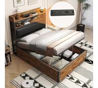 Cadre de Lit 90x200 avec Mécanisme Hydraulique, USB, Tête de Lit Rembourrée, Design Vintage Bois et Métal, Rangement Secret - Mobilier Chambre Moderne, sans Matelas Inclus