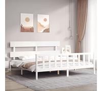 Cadre de Lit Adulte, 200x200 cm en Pin Massif, Structure Renforcée avec Tête de Lit, Bed Frame sans Matelas, Design Moderne et Robust, pour Chambre à Coucher, Blanc, 205.5 x 205.5 x 81 cm