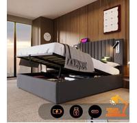 Cadre de lit - AUTREMENT - 180 x 200 cm - Gris - Avec rangement - Lampe de lecture et USB