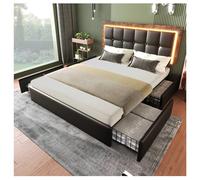 Cadre de lit avec barre lumineuse LED et 4 tiroirs, lit double rembourré, 160 x 200 cm, tête de lit réglable en hauteur, lit fonctionnel, en polyuréthane noir (sans matelas)