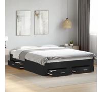 Cadre de Lit avec Tiroirs, 140x200 cm, en Bois d'Ingénierie Noir, Structure Renforcée, Cadre de Lit Moderne avec Rangements, Bed Frame Stable pour Chambre Adulte ou Lit Une Place, Design Fonctionnel