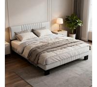 Cadre de lit beige 140x190 cm sans matelas : Tête de lit rembourrée réglable en hauteur, lin et antiallergique [Nom du produit] Cadre de lit double 140 cm x 190 cm, rembourré et moelleuxI. Principaux
