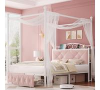 Cadre de lit capitonné complet avec 2 tiroirs et tête de lit de rangement en verre, plateforme en métal à deux usages avec 4 poteaux amovibles et station de charge, lit princesse rose, rideau non