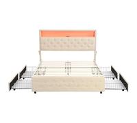 Cadre de lit capitonné moderne avec lumières LED et tiroirs de rangement, lit en tissu de lin avec poche de chevet, cadre à lattes pour économiser de l'espace et tête de lit confortable, beige, double