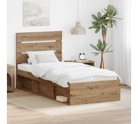 Cadre de lit Chêne Artisan 75 x 190 cm, Bois de pin Massif avec tête, Lit 1 Place Plateforme Moderne en Bois d'ingénierie, Lattes Fixes, Soutien Stable pour Nuits tranquilles