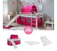 Cadre de Lit d'enfant superposé 90x200 Toboggan Matelas Tunnel Rose Homestyle4u
