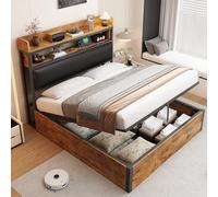 Cadre de Lit Double 140x200 avec Mécanisme Hydraulique, USB, Tête de Lit Rembourrée, Design Vintage Bois et Métal, Rangement Secret - Mobilier Chambre Moderne, sans Matelas Inclus