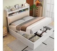 Cadre de Lit Double 140x200 avec Mécanisme Hydraulique, USB, Tête de Lit Rembourrée, Design Vintage Bois et Métal, Rangement Secret - Mobilier Chambre Moderne, sans Matelas Inclus