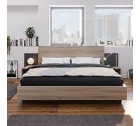 Cadre de Lit Double 160x200 avec Sommier et 2 Tables de Nuit, Lit Coffre avec Tête de Lit en Bois